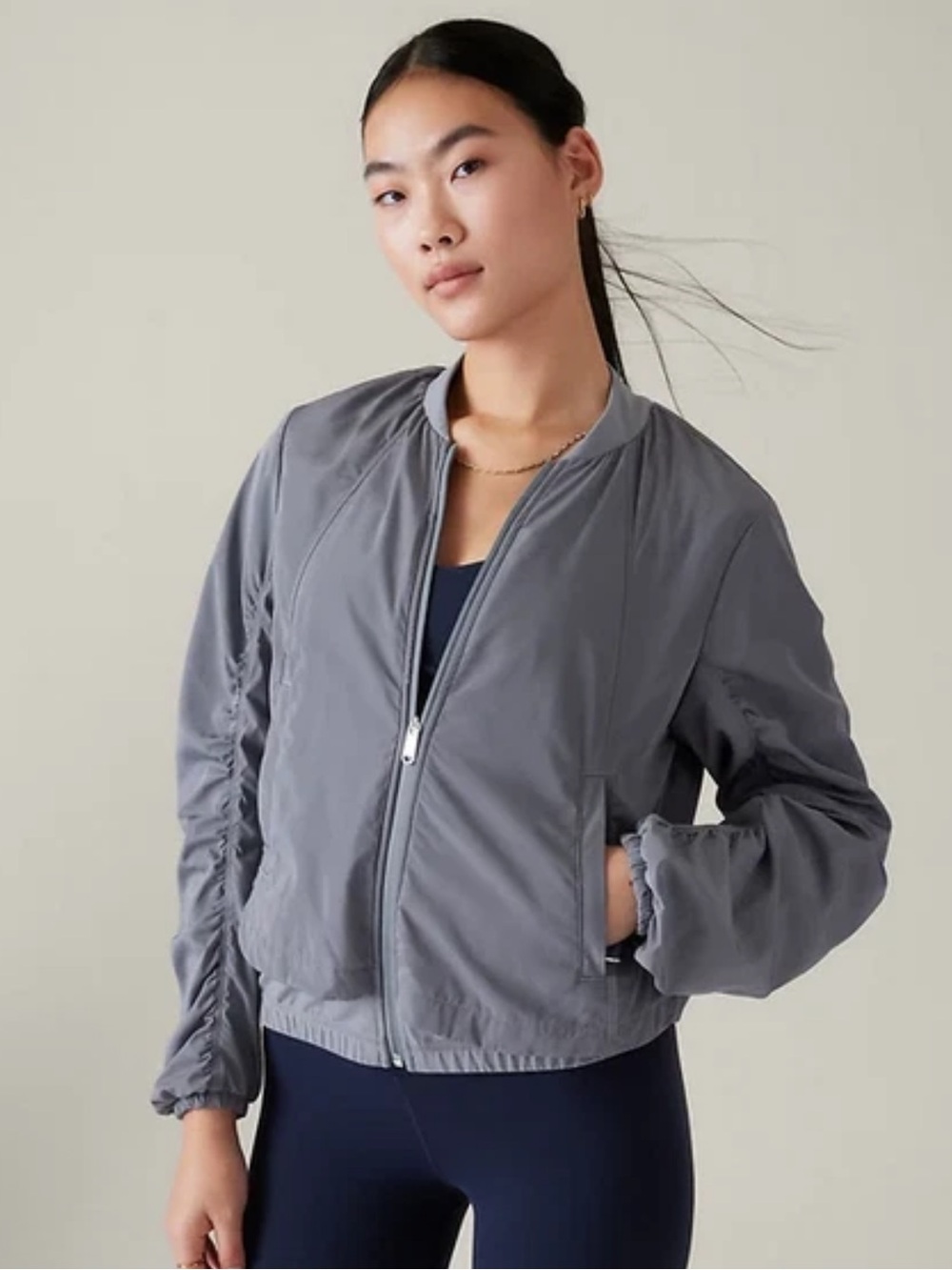 Athleta Wayfarer Bomber Jacket Breathable Water Repellent Blue Gray Size Large